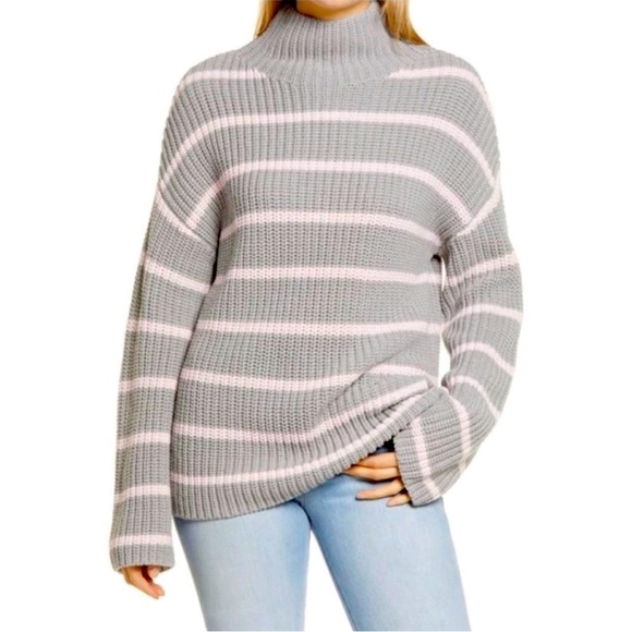 CASLON CHUNKY KNIT MOCK NECK COTTON SWEATER GRAY BABY PINK STRIPES SZ SMALL NWT - Picture 2 of 9